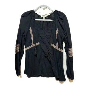 Vintage America Blues Womens Black Tassel  Long Sleeve Embroidered Boho Blouse M